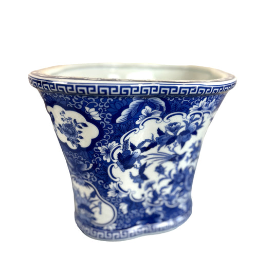 Blue and White Porcelain Cachepot Planter Rounded Belly with Flared Rim Featuring Traditional Floral and Bird Motif