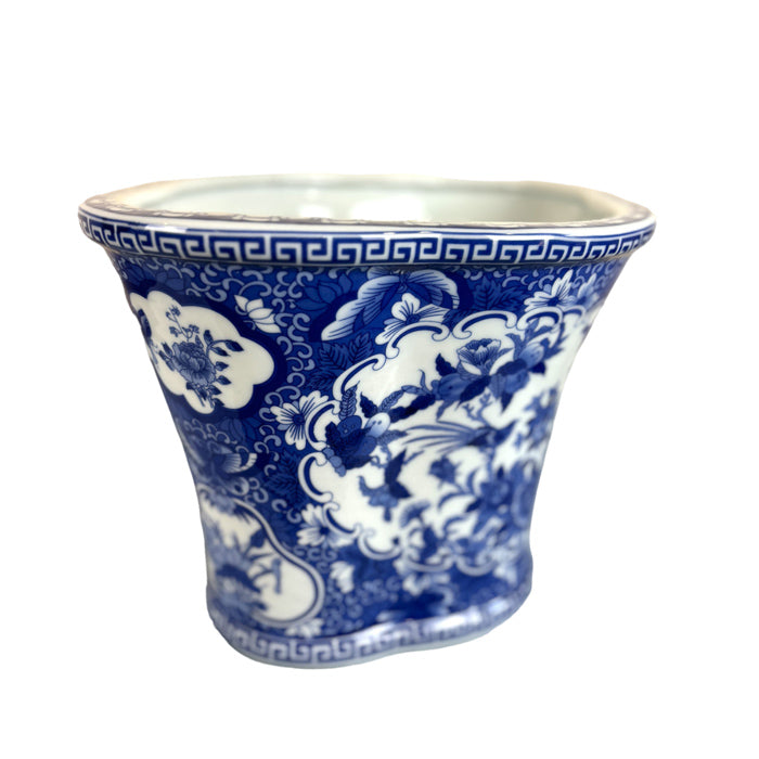 Blue and White Porcelain Cachepot Planter Rounded Belly with Flared Rim Featuring Traditional Floral and Bird Motif
