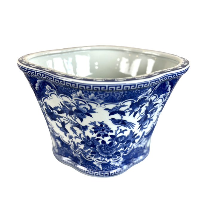 Blue and White Porcelain Cachepot Planter Rounded Belly with Flared Rim Featuring Traditional Floral and Bird Motif