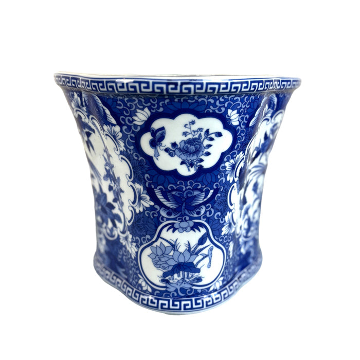 Blue and White Porcelain Cachepot Planter Rounded Belly with Flared Rim Featuring Traditional Floral and Bird Motif