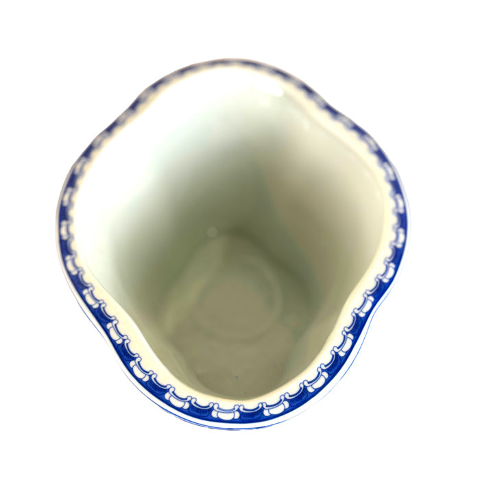 Blue and White Porcelain Cachepot Planter Rounded Belly with Flared Rim Featuring Traditional Floral and Bird Motif