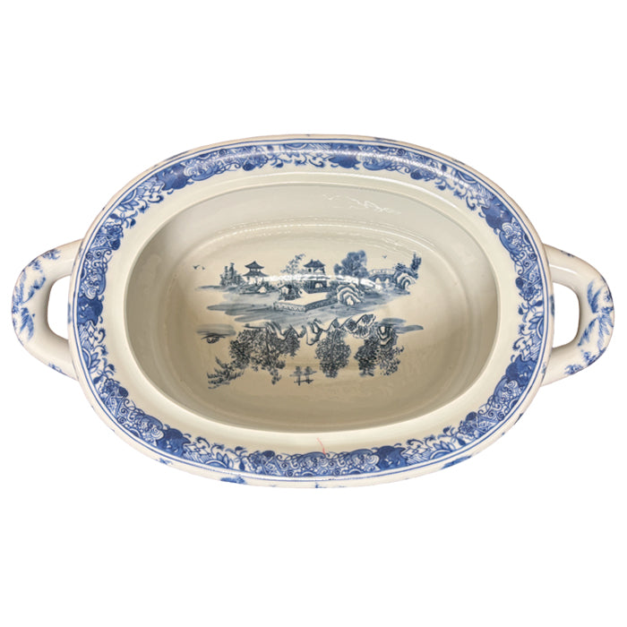 Blue and White Porcelain Chinoiserie Willow Landscape Pagoda Foot Bath Planter