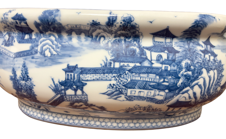 Blue and White Porcelain Chinoiserie Willow Landscape Pagoda Foot Bath Planter