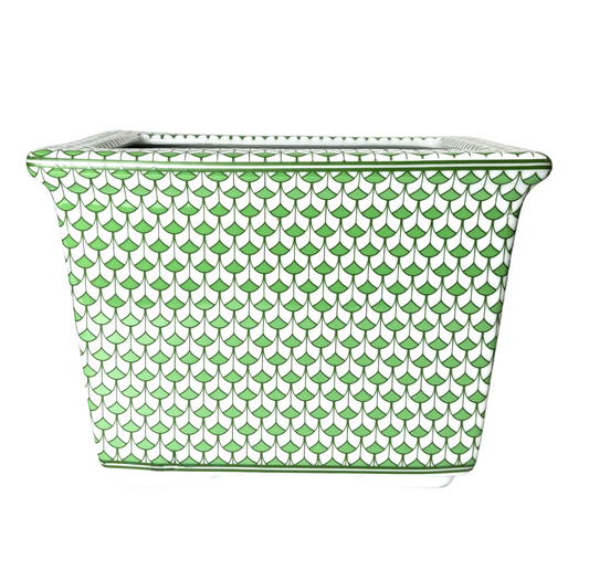 Green and White Rectangle Scale Wave Porcelain Cachepot Planter