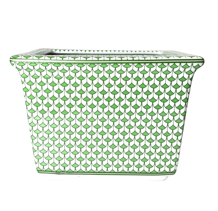 Green and White Rectangle Scale Wave Porcelain Cachepot Planter