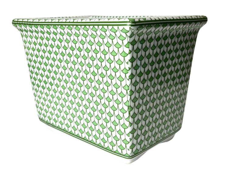 Green and White Rectangle Scale Wave Porcelain Cachepot Planter