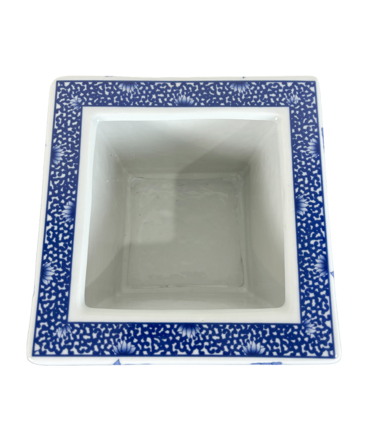 Blue and White Square Porcelain Bird and Floral Motif Planter