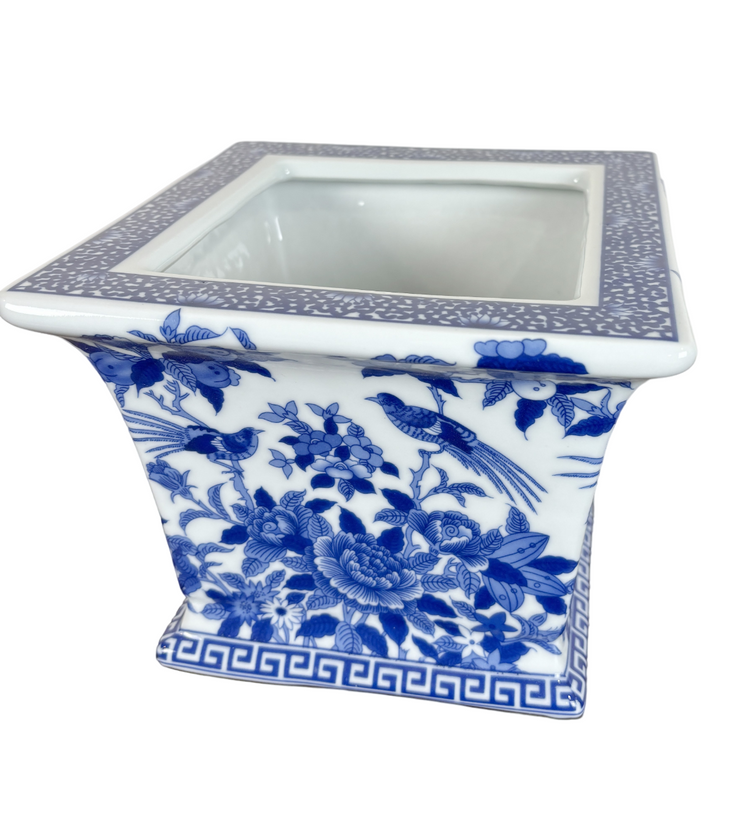 Blue and White Square Porcelain Bird and Floral Motif Planter