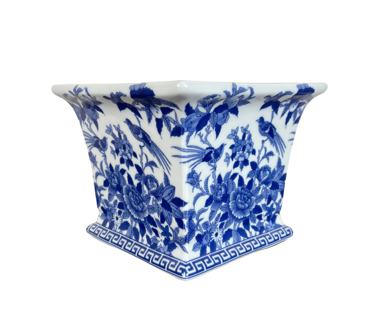 Blue and White Square Porcelain Bird and Floral Motif Planter