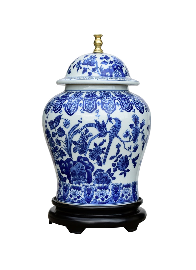 Blue and White Floral and Bird Temple Jar Table Lamp