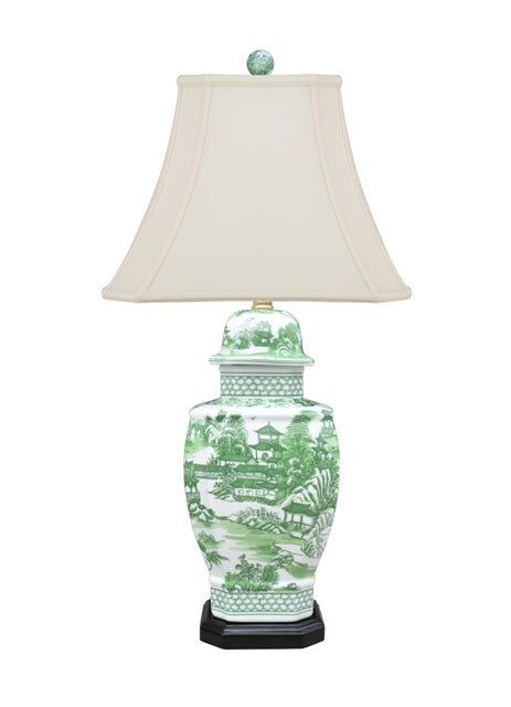 Green Chinoiserie Table Lamp Porcelain Ginger Jar Style with Shade