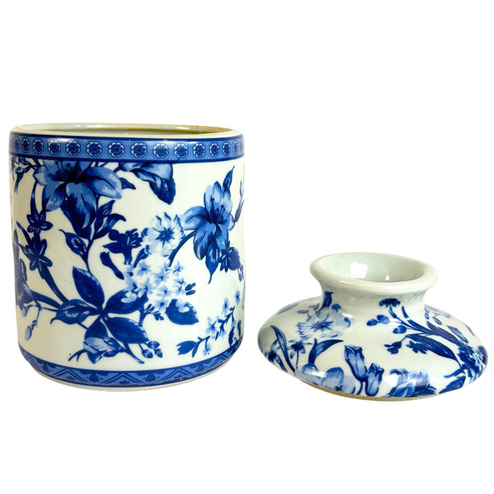 Blue and White Round Porcelain Floral Motif Tissue Cover Holder Box