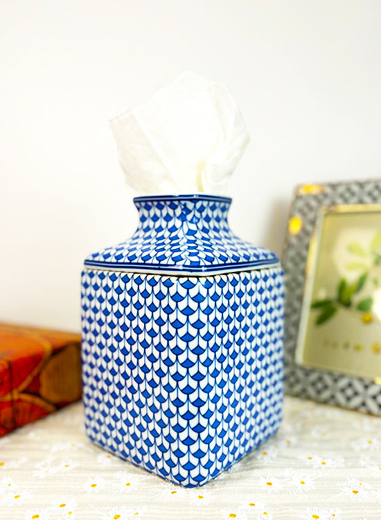 Cobalt Blue Herend Style Fishnet Porcelain Tissue Box Holder