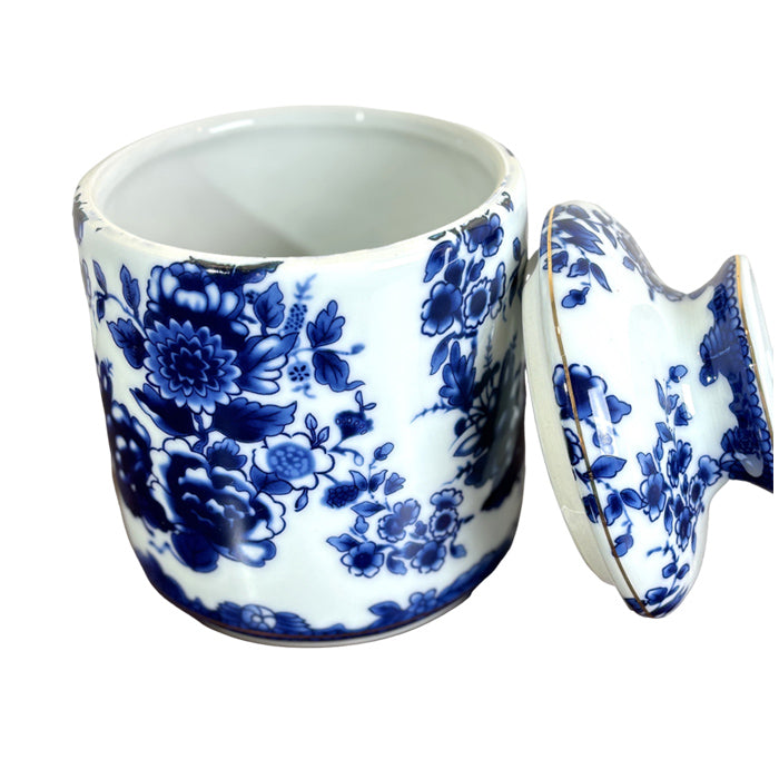 Blue White Round Porcelain Floral Motif Round Tissue Cover Holder Box