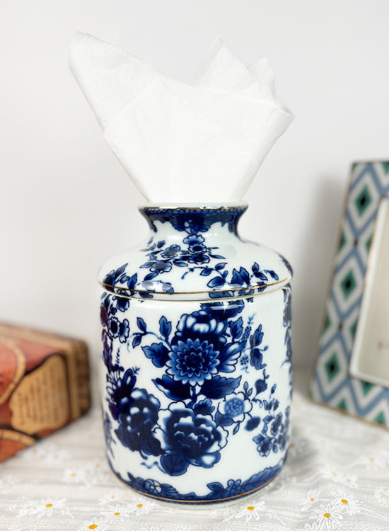 Blue White Round Porcelain Floral Motif Round Tissue Cover Holder Box