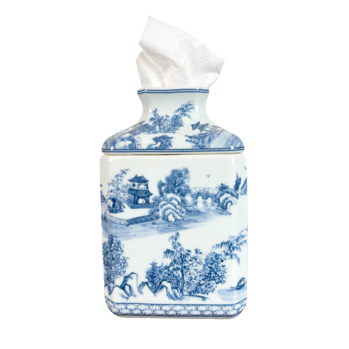 Chinoiserie Porcelain Tissue Box Cover in Blue and White
