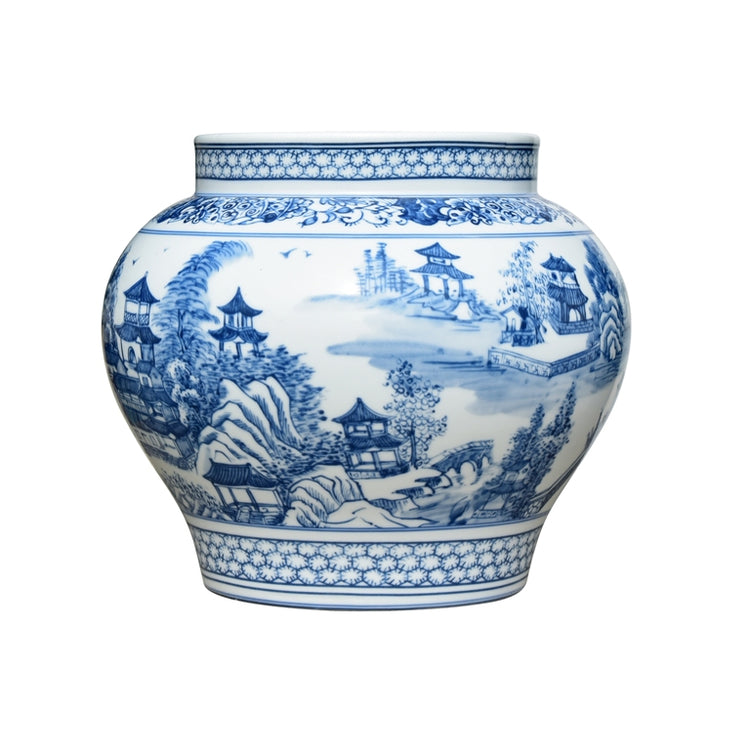 Blue and White Chinoiserie Porcelain Willow Vase