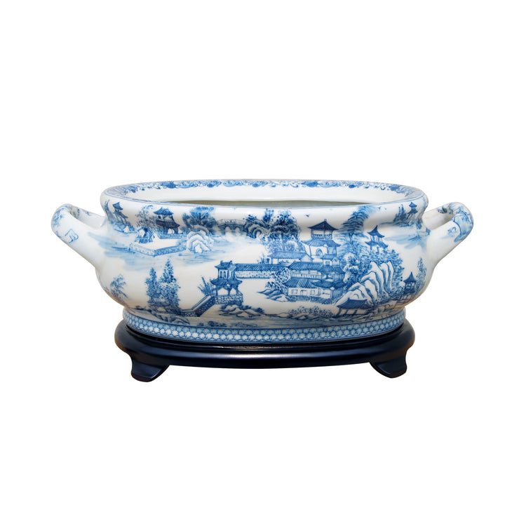 Blue and White Porcelain Chinoiserie Willow Landscape Pagoda Foot Bath Planter
