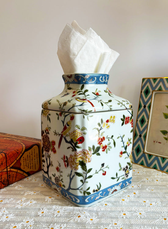 European Style Rose Floral Bird Porcelain Tissue Holder Box Cover