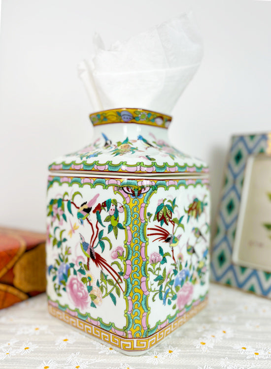 Rose Canton Chinoiserie Porcelain Tissue Box Holder Cover