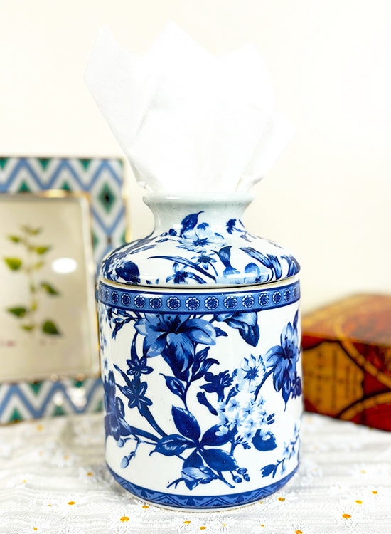 Blue and White Round Porcelain Floral Motif Tissue Cover Holder Box