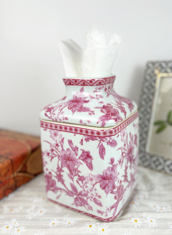Pink and White Chinoiserie Porcelain Tissue Box Holder Cover