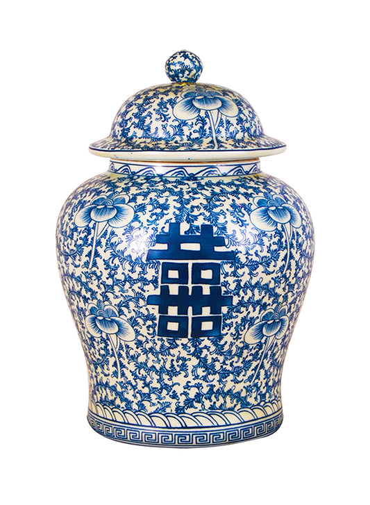 Blue and White Double Happiness Temple Jar
