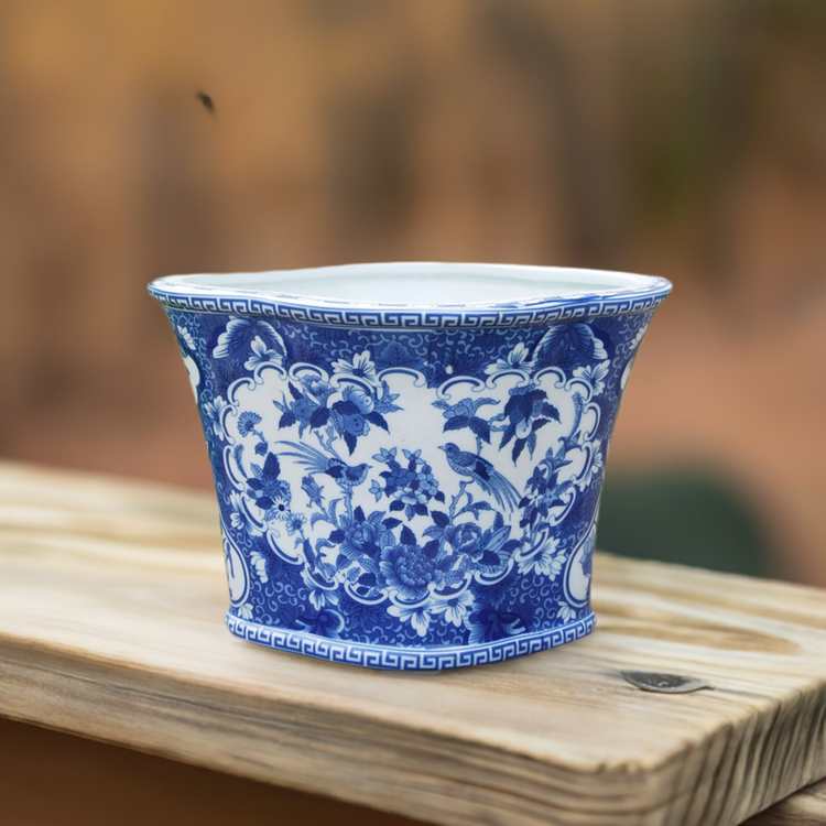Blue and White Porcelain Cachepot Planter Rounded Belly with Flared Rim Featuring Traditional Floral and Bird Motif