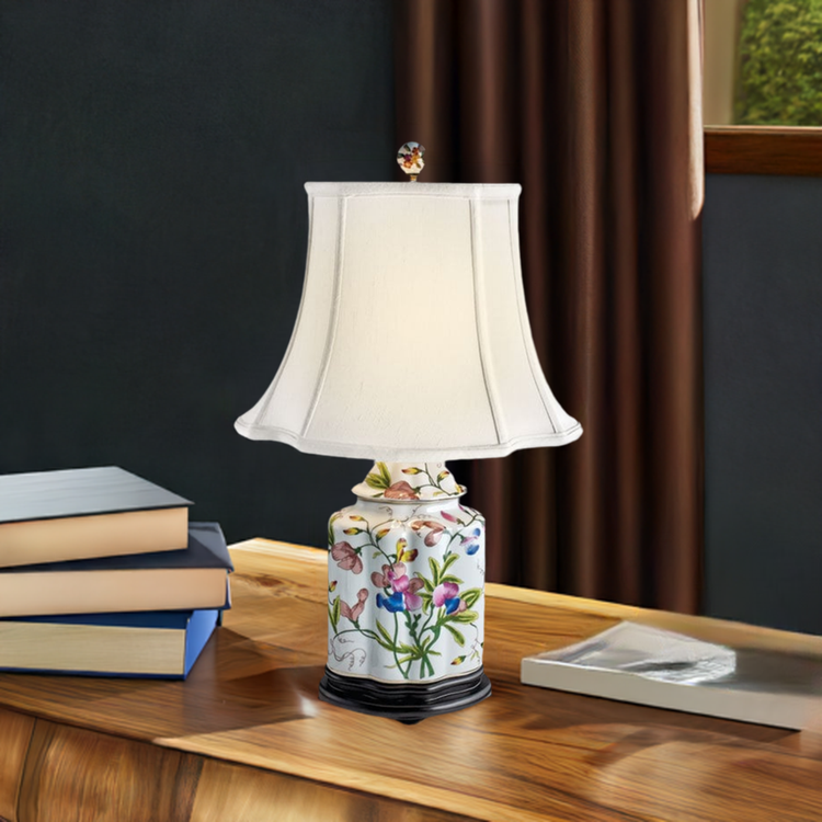 Iris Blossom Motif Scallops Jar Porcelain Table Lamp