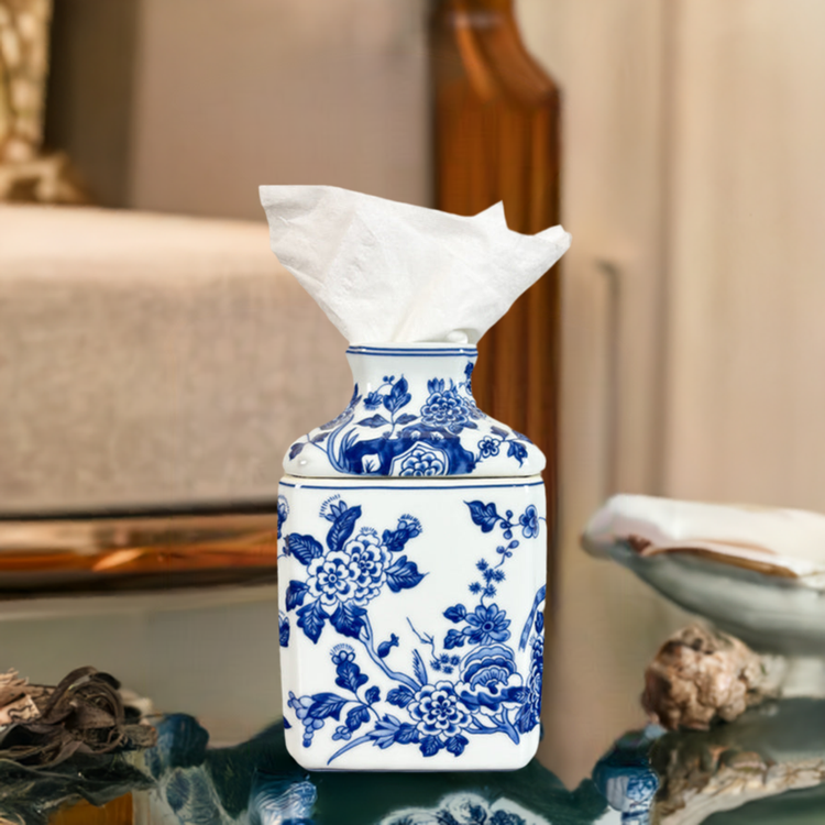 Blue and White Chinoiserie Porcelain Tissue Box Cover Floral & Bird