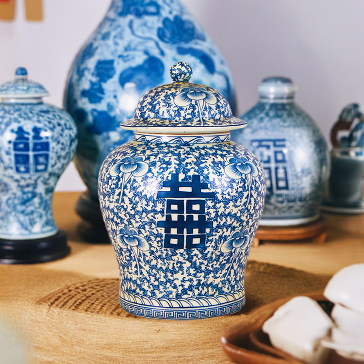 Blue and White Double Happiness Temple Jar