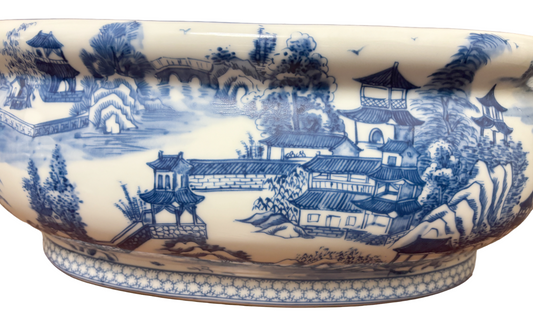Blue and White Porcelain Chinoiserie Willow Landscape Pagoda Foot Bath Planter