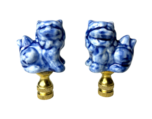 Blue and White Porcelain Foo Dog Lamp Finial Sold as Pair Traditional Elegance