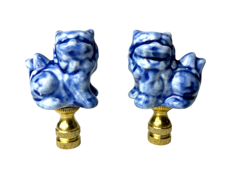 Blue and White Porcelain Foo Dog Lamp Finial Sold as Pair Traditional Elegance