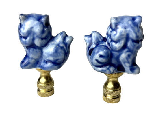 Blue and White Porcelain Foo Dog Lamp Finial Sold as Pair Traditional Elegance