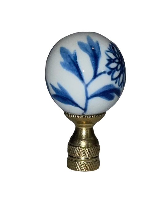 Lamp Finial Blue and White Porcelain Floral Ball
