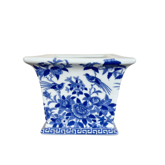 Blue and White Square Porcelain Bird and Floral Motif Planter