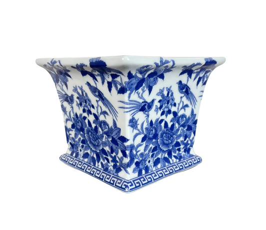 Blue and White Square Porcelain Bird and Floral Motif Planter