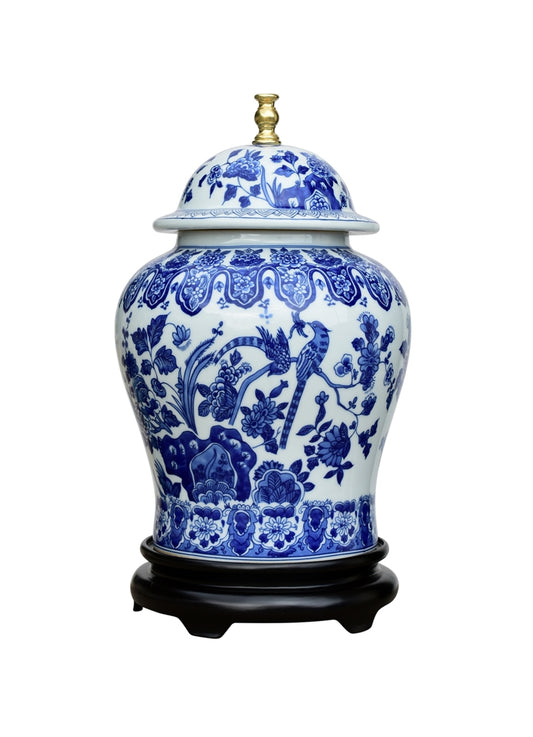 Blue and White Floral and Bird Temple Jar Table Lamp