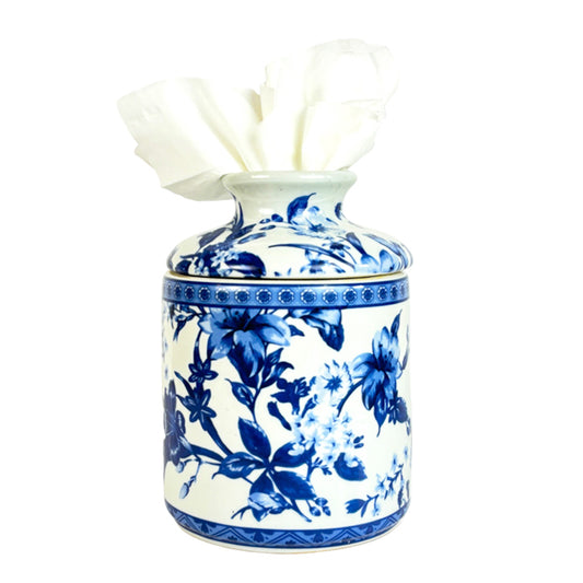 Blue and White Round Porcelain Floral Motif Tissue Cover Holder Box