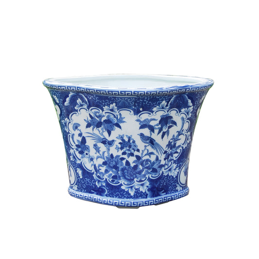 Blue and White Porcelain Cachepot Planter Rounded Belly with Flared Rim Featuring Traditional Floral and Bird Motif