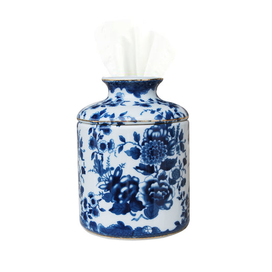 Blue White Round Porcelain Floral Motif Round Tissue Cover Holder Box