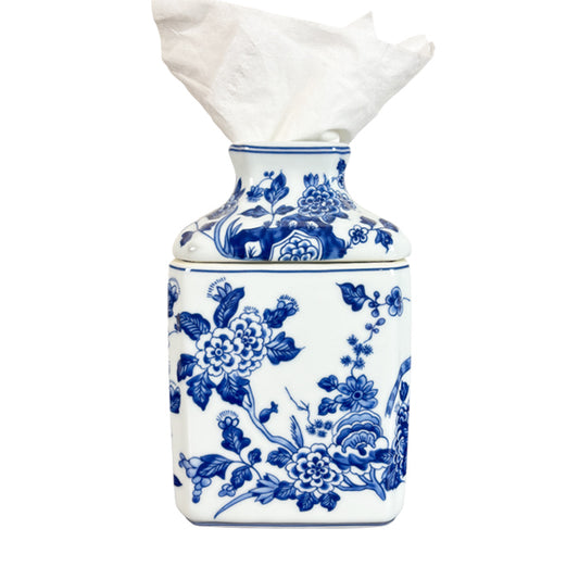 Blue and White Chinoiserie Porcelain Tissue Box Cover Floral & Bird