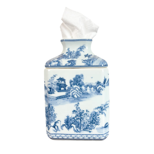 Chinoiserie Porcelain Tissue Box Cover in Blue and White