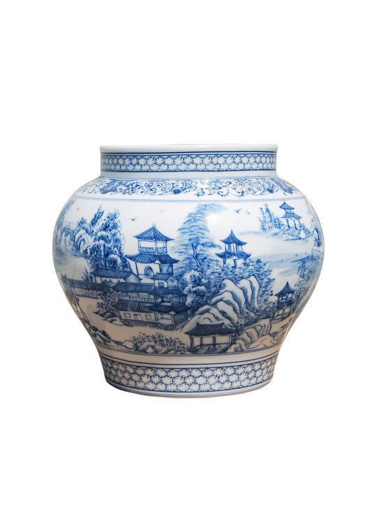 Blue and White Chinoiserie Porcelain Willow Vase