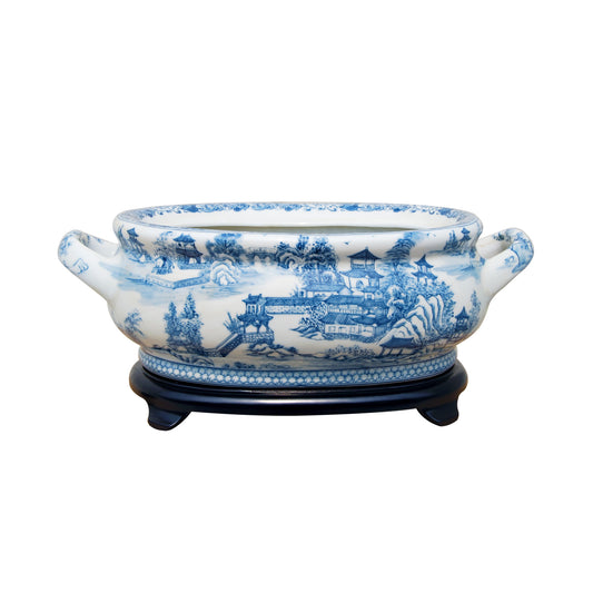 Blue and White Porcelain Chinoiserie Willow Landscape Pagoda Foot Bath Planter