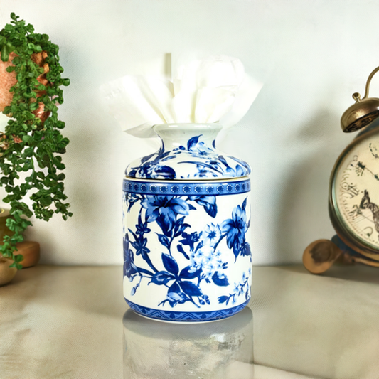 Blue and White Round Porcelain Floral Motif Tissue Cover Holder Box