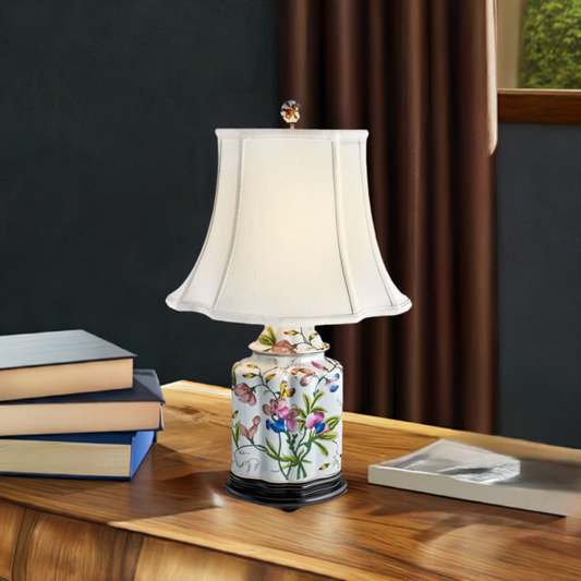 Iris Blossom Motif Scallops Jar Porcelain Table Lamp