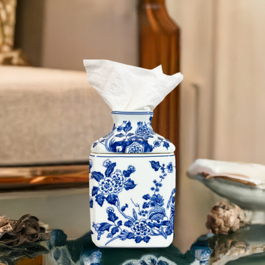 Blue and White Chinoiserie Porcelain Tissue Box Cover Floral & Bird
