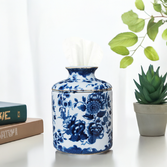 Blue White Round Porcelain Floral Motif Round Tissue Cover Holder Box